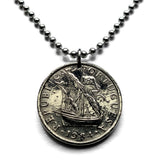 1984 Portugal 5 Escudos coin pendant Portuguese caravela sailing ship Quinas Lisboa Oporto Braga Évora Faro Vasco da Gama castle galleon Mirandese n001538