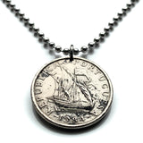 1984 Portugal 5 Escudos coin pendant Portuguese caravela sailing ship Quinas Lisboa Oporto Braga Évora Faro Vasco da Gama castle galleon Mirandese n001538