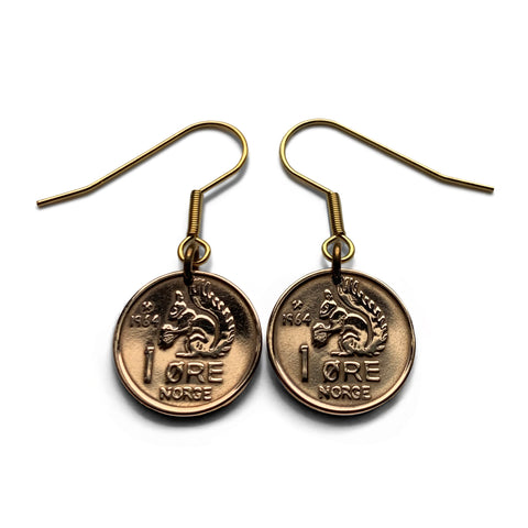1964 Norway Norge Noreg Norsk 1 Ore coin earrings jewelry cute Norwegian squirrel nut acorn initial O V Oslo Bergen Stavanger Sandnes Nynorsk Bokmal Trondheim Drammen Kristiansand Alesund Bærum Scandinavia Nordic Vikings e000048