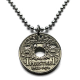 1925 Lebanon Liban 1 Piastre coin pendant Lebanese lions cedar tree Beirut Tripoli Aley Jounieh Anjar Bsharri Zahlé Sidon Byblos Tyre The Levant Middle East Phoenician Levant Beqaa Valley Cedars of God Mount Lebanon Levantine arabic Mediterranean n002881