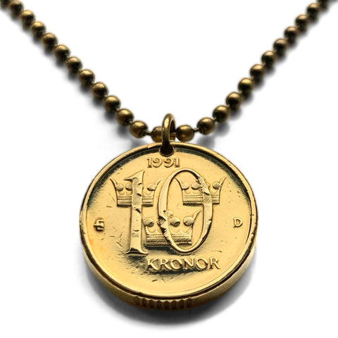 1991 Sweden Sverige 10 Kronor coin pendant Swedish crown Tre Kroner Stockholm Västerås Helsingborg Norrköping Smolandia Nordic Norsemen n001667
