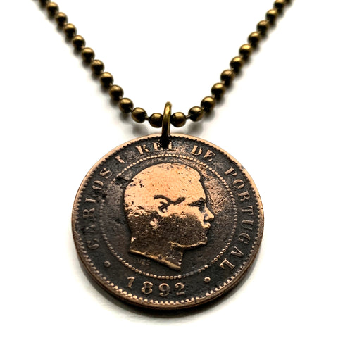 1892 Portugal 10 Reis coin pendant king Carlos I Lisbon Porto Sintra Faro Braga Coimbra Évora Lagoa Funchal Aveiro Guimarães Oeiras n003941