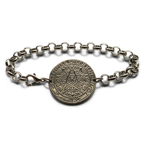 1921 Morocco Maroc 1 Franc coin bracelet Moroccan pentagram Casablanca Rabat Fez Tangier Marrakesh Agadir Sale Berber Moors Maghrebi b000208