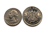 1962 Thailand Siam 1 Baht coin pendant Gajasiha Rajasiha Bangkok coat of arms emblem Chakra Trisula elephants Order of the Nine Gems Bhumibol Adulyadej Buddhist temple Airavata Wat Arun temple Chakri Garuda Gajasimha Nonthaburi Pak Kret Krung Thep n000265