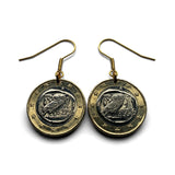 Greece Hellas 1 Euro coin earrings Greek little owl of Athena Parthenon Crete Hellenic Macedonia Sparta Peloponnese Pella Thebes e000711