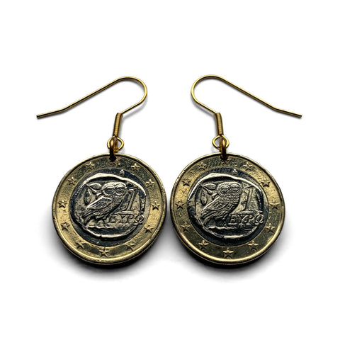 Greece Hellas 1 Euro coin earrings Greek little owl of Athena Parthenon Crete Hellenic Macedonia Sparta Peloponnese Pella Thebes e000711