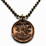 1983 Canada 1 Cent coin pendant necklace jewelry Canadian maple leaves twig Queen Elizabeth II Ottawa Montreal Quebec Toronto Ontario Vancouver Calgary British Columbia Alberta Nova Scotia New Brunswick Manitoba Nunavut Victoria beaver n003714