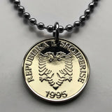 1995 Albania Shqiperi 5 Leke coin pendant black double headed eagle Tirana Durrës Vlorë Elbasan Shkodër Krujë Lushnjë Mangalem Shkumbin Fier Dalmatia Genthios Illyria Shqiptar Gheg Tosk Albanian Berat Osum George Castriot n002245