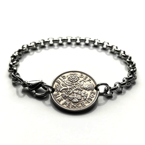 1962 United Kingdom Great Britain 6 Pence coin bracelet beach bridesmaid gift something old new English Tudor rose England Scottish thistle Scotland Irish shamrock Ireland Welsh leek Wales London Edinburgh Belfast Cardiff Manchester Newcastle b000064