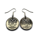 Russia Rossiya 1 Ruble coin earrings double headed eagle Moscow Saint Petersburg Novosibirsk Yekaterinburg Nizhny Novgorod Kazan Sochi Ivanovo Volga Petergof Pyatigorsk Astrakhan Samara Chelyabinsk Peter the Great Saint George Kitay-gorod e000423