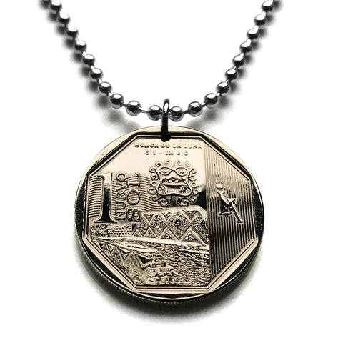 2014 Peru 1 Sol coin pendant Huaca de la Luna Huacas de Moche Mochica Cerro Blanco Ai Apaec Ayapec archaeological ruins Huanchaco Las Delicias Trujillo La Libertad Sipan Loma Negra Dos Cabezas Pacatnamu the El Brujo complex Mocollope Cerro Mayal n002831