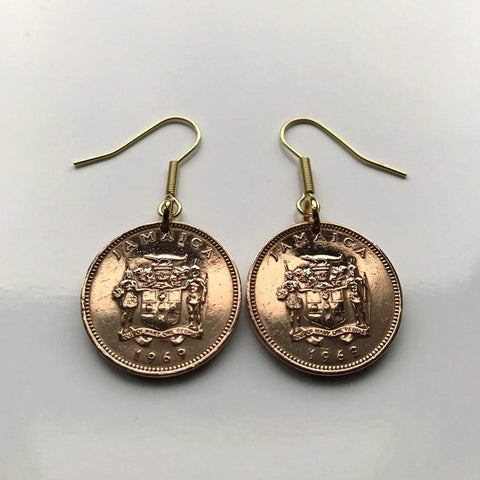 Jamaica 1 Cent coin earrings crocodile alligator pineapples Ackee fruit Kingston Portmore Spanish Town Montego Bay May Pen Mandeville Old Harbour Savanna-la-Mar Ocho Ríos Jamdung Patois dub ska Caribbean Marcus Garvey Rastafari Bob Marley Reggae e000313