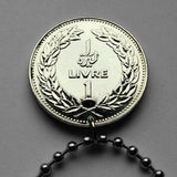 1981 Lebanon Liban 1 Livre coin pendant Lebanese cedar tree Beirut Tripoli Jounieh Zahlé Sidon Aley Tyre Byblos Beqaa Valley Levantine Arabic Baalbek Batroun Nabatieh Zgharta Bint Jbeil Bsharri Baakleen Anjar Mediterranean Middle East Raouché n001463