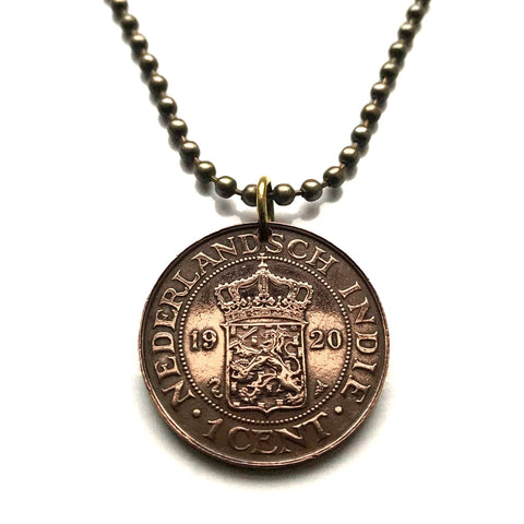 1920 Netherlands East Indies Indonesia 1 Cent coin pendant Dutch lion Jakarta Surabaya Bandung Medan Bekasi Palembang Tangerang Sundaland Java Prambanan Borobudur Toraja Bali Sunda Islands Bhinneka Tunggal Minangkabau people Suku Minang Surabaya n003284