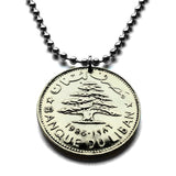 1981 Lebanon Liban 1 Livre coin pendant Lebanese cedar tree Beirut Tripoli Jounieh Zahlé Sidon Aley Tyre Byblos Beqaa Valley Levantine Arabic Baalbek Batroun Nabatieh Zgharta Bint Jbeil Bsharri Baakleen Anjar Mediterranean Middle East Raouché n001463