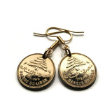 1975 Lebanon Liban 5 Piastres coin earrings Lebanese cedar tree Beirut Tripoli Jounieh Zahlé Sidon Aley Tyre Byblos Beqaa Valley Levantine Arabic Baalbek Batroun Nabatieh Zgharta Bint Jbeil Bsharri Baakleen Anjar Chekka Mediterranean Middle East e000138