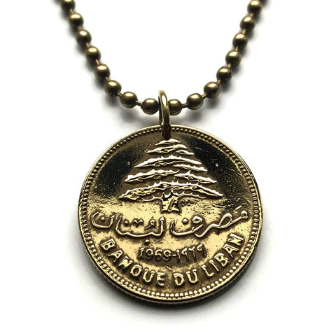 1972 Lebanon Liban 25 Piastres coin pendant Lebanese cedar tree Beirut Tripoli Aley Jounieh Anjar Bsharri Zahlé Sidon Byblos Tyre Nabatieh Badaro Baabda Batroun The Levant Middle East Phoenician Levantine arabic Beqaa Valley Cedars of God n000667