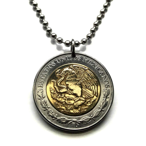 Mexico 5 Pesos coin pendant Mexican eagle aguila Mexicana Ecatepec Juárez Culiacán Jalisco Cuernavaca Oaxaca Tijuana Veracruz Toluca Chiapas Pachuca Guadalajara Morelia Hidalgo Yucatán Monterrey Puebla Cancún León Aztecas Acapulco Durango Zócalo n000397