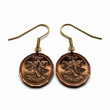 1983 Canada 1 Cent coin earrings Canadian maple leaves twig Toronto Montreal Vancouver Calgary Edmonton Ottawa Québec Winnipeg beavers e000709