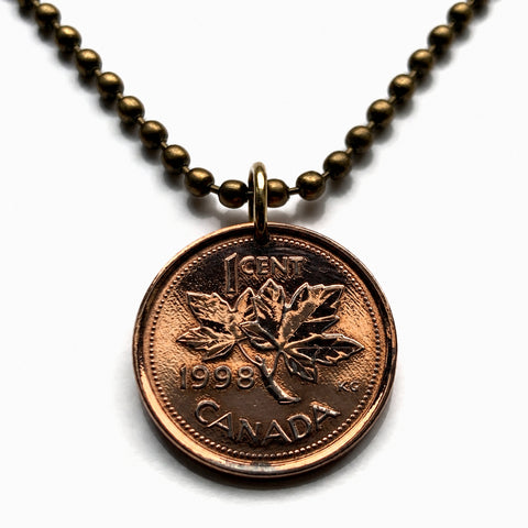 1998 Canada 1 Cent coin pendant necklace jewelry Canadian maple leaves twig Queen Elizabeth II Ottawa Montreal Quebec Toronto Ontario Vancouver Calgary British Columbia Alberta Nova Scotia New Brunswick Manitoba Nunavut Victoria beaver n003714