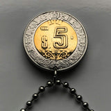 Mexico 5 Pesos coin pendant Mexican eagle aguila Mexicana Ecatepec Juárez Culiacán Jalisco Cuernavaca Oaxaca Tijuana Veracruz Toluca Chiapas Pachuca Guadalajara Morelia Hidalgo Yucatán Monterrey Puebla Cancún León Aztecas Acapulco Durango Zócalo n000397