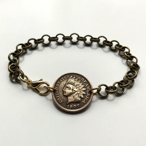 1906 USA United States of America Indian Head Penny One Cent coin rolo link bracelet jewelry native American Liberty Indian headdress New York antique motif b000100