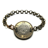 1998 Mexico 10 Pesos coin rolo link brass bracelet jewelry Aztec sun stone calendar Piedra del Sol Mexica sculpture Tōnatiuh Tlaltecuhtli Yohualtecuhtli Tenochtitlan Tecpatl knife Zócalo Templo Mayor Toltec Hidalgo b000077