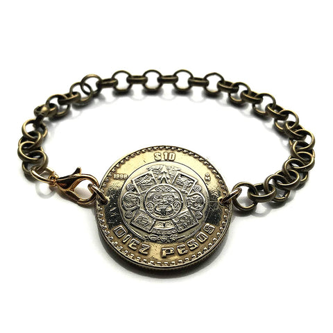 1998 Mexico 10 Pesos coin rolo link brass bracelet jewelry Aztec sun stone calendar Piedra del Sol Mexica sculpture Tōnatiuh Tlaltecuhtli Yohualtecuhtli Tenochtitlan Tecpatl knife Zócalo Templo Mayor Toltec Hidalgo b000077