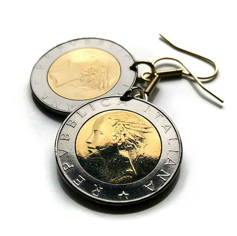 Italy 500 Lire Italian coin earrings jewelry Roman god Mercury Mercuralia Rome Florence Milano Venice Torino Napoli Bologna Palermo Siena Modena Lecce Perugia Bari Catania Messina Padua Trieste Taranto Ancona Ferrara Parma Treviso Pisa e000118