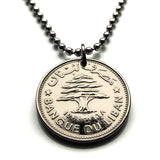 1975 Lebanon Liban 50 Piastres coin pendant necklace Lebanese cedar tree Beirut Tripoli Jounieh Zahlé Sidon Aley Tyre Byblos Baalbek Hermel Batroun Nabatieh Zgharta Bint Jbeil Anjar Bsharri Baakleen Zaarour Beqaa Cedars of God Mount Lebanon Levant n001271