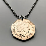 2014 United Kingdom Great Britain 50 Pence coin pendant Royal Shield England Northern Ireland English lions Irish Celtic harp cláirseach London Belfast Queen Elizabeth Derry Birmingham Craigavon Sheffield Newtownabbey Liverpool Leeds Newcastle n003521