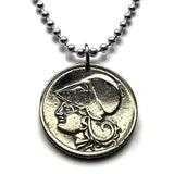 1926 Greece Hellas 1 Drachme coin pendant Hellenic Greek goddess Athena Pallas owl Athens Acropolis Thessaloniki Patras Piraeus Heraklion Larissa Volos Attica Crete Trikala Chalcis Sparta Serres Corfu Ioannina Santorini Rhodes Mykonos Macedonia n000623