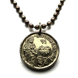 1993 Spain España 5 Pesetas coin pendant necklace Spanish jewelry apostle Saint James the Great Camino de Santiago de Compostela cathedral Lugo Catholic pilgrimage Praza do Obradoiro Galicia Ano Santo Xacobeo Ourense Ferrol n001268