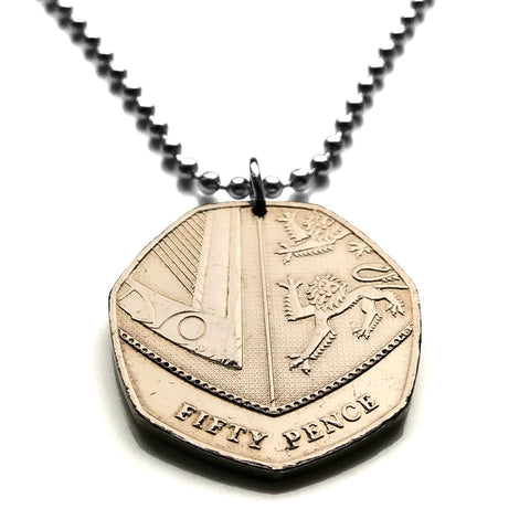 2014 United Kingdom Great Britain 50 Pence coin pendant Royal Shield England Northern Ireland English lions Irish Celtic harp cláirseach London Belfast Queen Elizabeth Derry Birmingham Craigavon Sheffield Newtownabbey Liverpool Leeds Newcastle n003521