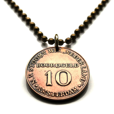 1947-1957 Netherlands 10 Boordgeld ration token pendant necklace Stoomvaart Maatschappij Nederland Dutch ship Amsterdam Holland Utrecht Rotterdam The Hague Eindhoven Groningen Tilburg Leiden n003471