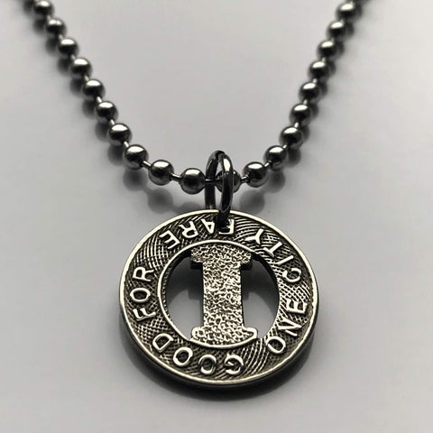 USA United States of America Buffalo New York IRC International Railway Company transit token coin pendant necklace jewelry street railway trolleybus One Fare transportation railroad Niagara Falls Erie County Lewiston Cheektowaga Depew n003325