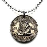 1957 British East Caribbean States 25 Cents coin pendant necklace jewelry Golden Hind Antigua Barbuda Dominica Grenada Saint Lucia Saint Vincent Grenadines Saint Kitts Nevis Anguilla Montserrat Martinique Trinidad Barbados n000595