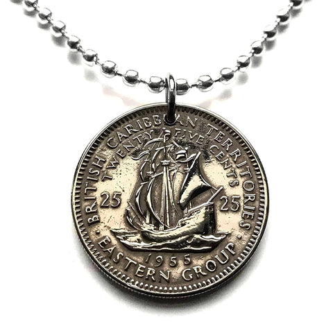 1957 British East Caribbean States 25 Cents coin pendant necklace jewelry Golden Hind Antigua Barbuda Dominica Grenada Saint Lucia Saint Vincent Grenadines Saint Kitts Nevis Anguilla Montserrat Martinique Trinidad Barbados n000595