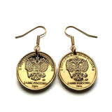 Russia Rossiya Russkiye 10 Rubles coin earrings jewelry double headed eagle Moscow Saint Petersburg Sochi Kazan Nizhny Novgorod Chelyabinsk Rostov Yekaterinburg Rus' Novosibirsk Volgograd Omsk Samara e000119