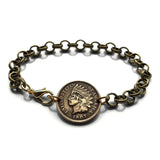 1907 USA United States of America Indian Head Penny One Cent coin rolo link bracelet jewelry native American Liberty Indian headdress New York antique motif b000100