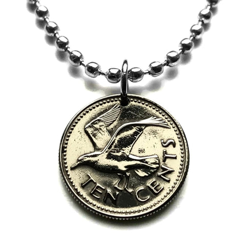 1979 Barbados 10 Cents coin pendant Laughing gull bird Trident 3 pronged spear dolphin fish pelican Bridgetown Oistins Holetown Speightstown Saint Michael Six Cross Roads South Point Lighthouse drietand Neptune sea god aquaman n000571