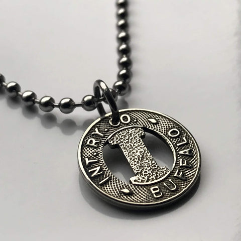 USA United States of America Buffalo New York IRC International Railway Company transit token coin pendant necklace jewelry street railway trolleybus One Fare transportation railroad Niagara Falls Erie County Lewiston Cheektowaga Depew n003325