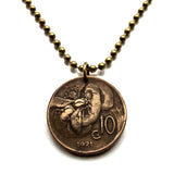 Italia Italy 10 Centesimi coin pendant necklace honey bee bumble bee beekeeper honey farmers pollination beehive Roma Milan Florence Venice Verona Napoli Turin Palermo Parma Bergamo Pisa Matera Genoa Siena Modena Bari Sorrento Perugia Tuscany n000539