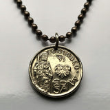 1993 Spain España 5 Pesetas coin pendant necklace Spanish jewelry apostle Saint James the Great Camino de Santiago de Compostela cathedral Lugo Catholic pilgrimage Praza do Obradoiro Galicia Ano Santo Xacobeo Ourense Ferrol n001268