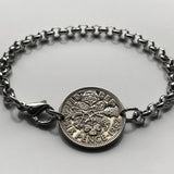 1962 United Kingdom Great Britain 6 Pence coin bracelet beach bridesmaid gift something old new English Tudor rose England Scottish thistle Scotland Irish shamrock Ireland Welsh leek Wales London Edinburgh Belfast Cardiff Manchester Newcastle b000064