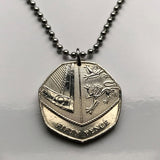 2014 United Kingdom Great Britain 50 Pence coin pendant Royal Shield England Northern Ireland English lions Irish Celtic harp cláirseach London Belfast Queen Elizabeth Derry Birmingham Craigavon Sheffield Newtownabbey Liverpool Leeds Newcastle n003521