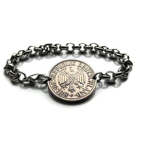1973 Germany Deutschland 1 Mark coin rolo link bracelet black German eagle Berlin Hamburg Munich Cologne Frankfurt Stuttgart Düsseldorf Bavaria Dortmund Leipzig Bremen Dresden Rothenburg Heidelberg Hannover Saxony Essen Bonn Nuremberg Brandenburg b000113