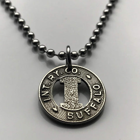 USA United States of America Buffalo New York IRC International Railway Company transit token coin pendant necklace jewelry street railway trolleybus One Fare transportation railroad Niagara Falls Erie County Lewiston Cheektowaga Depew n003325