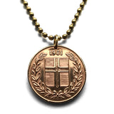 1959 Iceland Ísland 5 Aurar coin pendant Nordic cross Reykjavik Landvættir saga Grioungur Gammur Dreki Bergrisi Vik Skogar Grindavik The Blue Lagoon Kopavogur Hafnarfjorour Reykjanesbær Norse n002763
