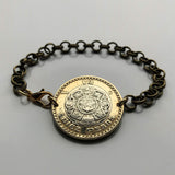 1998 Mexico 10 Pesos coin rolo link brass bracelet jewelry Aztec sun stone calendar Piedra del Sol Mexica sculpture Tōnatiuh Tlaltecuhtli Yohualtecuhtli Tenochtitlan Tecpatl knife Zócalo Templo Mayor Toltec Hidalgo b000077